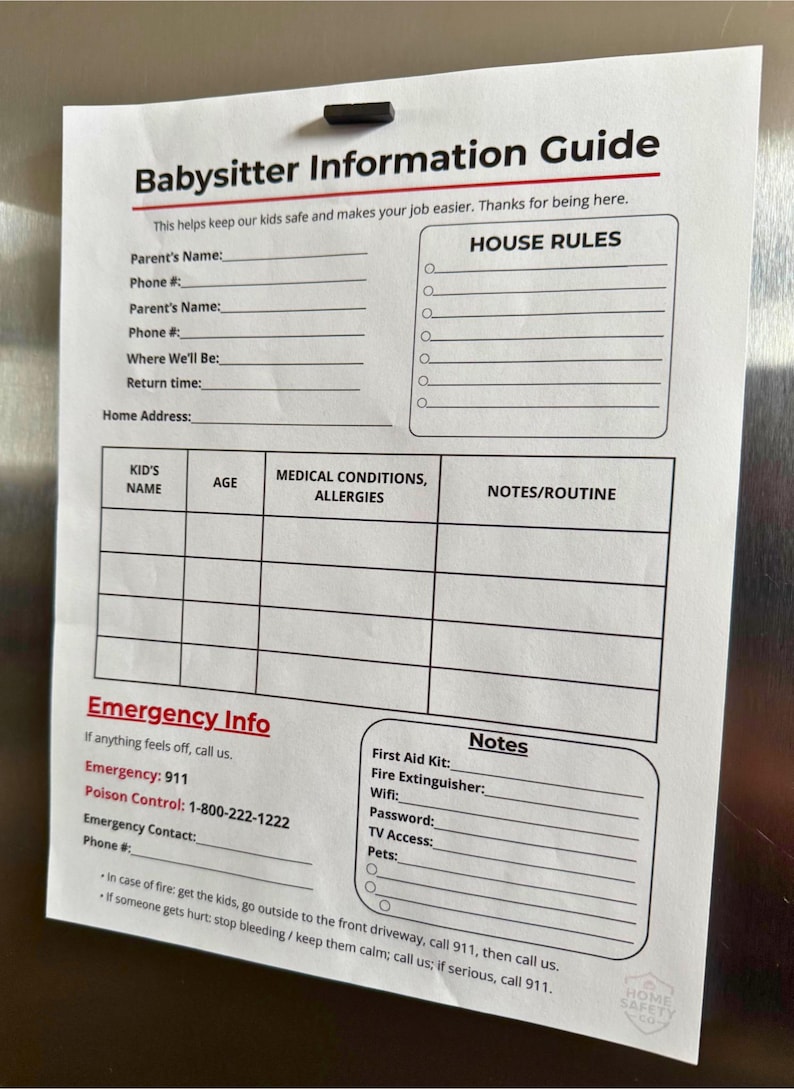 Babysitter Information Guide I Printable Babysitter Form I One Page