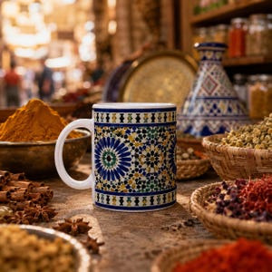May include: A white ceramic mug featuring a detailed blue, yellow, and green geometric mosaic pattern. The mug has a cylindrical body and a curved handle, decorated with intricate star-shaped motifs and repeating tile-like designs.
