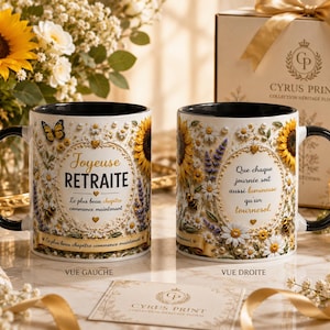 Peut inclure: Deux tasses en céramique blanche avec anses et intérieurs noirs, ornées d'un motif floral de tournesols et de lavande. La tasse de gauche porte le texte Joyeuse RETRAITE, et celle de droite affiche Que chaque journée soit aussi lumineuse qu'un tournesol.