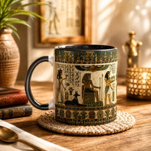 Op de afbeelding: Een keramische mok met een gedetailleerde rondomlopende print van oude Egyptische motieven, waaronder een zittende farao, een jakhals en hiërogliefen in goud-, blauw- en zwarttinten. De mok heeft een zwart handvat en een zwarte binnenrand.