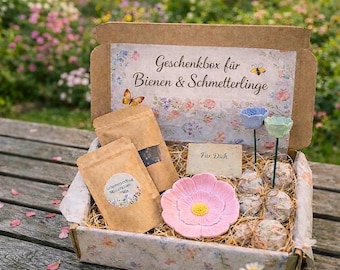 Caja de regalo para balcón, jardín y hogar – Regalo para el Día de la Madre | Apoya a las abejas y mariposas | Bebedero con bomba de semillas