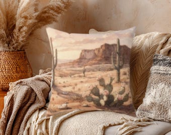 Southwestern Pillow, Watercolor Cactus Faux Suede Cover with Double-Sided Desert Design