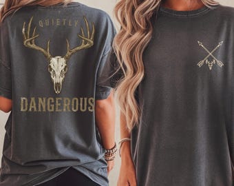 Dames jachtshirt comfortkleuren 1717, rustig gevaarlijk T-shirt, shirt hertenschedel, shirt boogjager, western grafisch T-shirt, shirt countrygirl