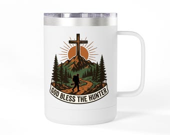 God zegene de jager-beker, christelijke jachtmok, Faith Hunter cadeau, rustiek koffiekopje buitenshuis, christelijk buiten drinkgerei