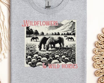 Wildflowers and Wild Horses Kids Western Shirt, Girls Horse Graphic Tee, Cowgirl Ranch Outfit