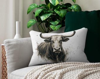 Decoración de sala de estar Longhorn con almohada rústica estilo rancho occidental y acento para amantes de las vacas