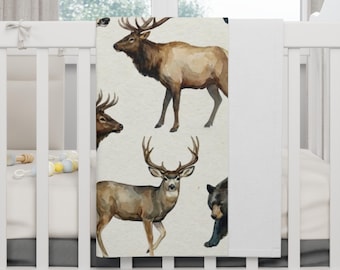 Bos babydeken, deken hertenkwekerij, rustieke deken babyjongen, decor jachtkwekerij, bosdier babydeken, babycadeau cabine