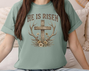 He Is Risen Antler Cross-shirt, christelijk paasshirt, jacht geloof shirt, rustiek kruis T-shirt, westers christelijk shirt, jager cadeau