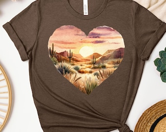 Camiseta con gráfico del suroeste, camiseta con atardecer en el desierto, camiseta con corazón de cactus, top bohemio estilo western del desierto de Arizona