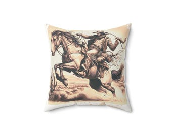 Bucking Bronc Western Pillow, Cowboy Rodeo Faux Suede Cushion 14x14, Ranch House Man Cave Decor