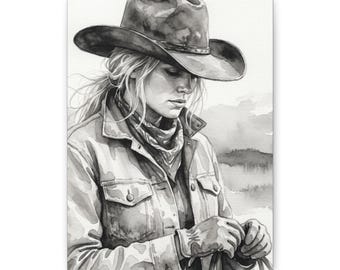 Cowgirl canvas muurkunst, westelijke muurdecoratie, zwart-witte cowgirlkunst, moderne western slaapkamerdecor, canvaskunstwerk in ranchstijl