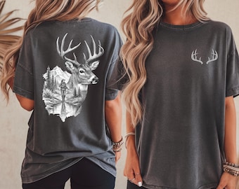 Vrouwen jachtshirt herten grafisch T-shirt, vrouwelijke jager T-shirt, shirt meisje buiten, comfort kleuren T-shirt, jacht cadeau voor haar