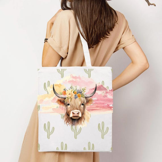 Boho Highland Cow Tote Bag, Floral Western Cow Canvas Shopper, Desert Aesthetic Market Bag for Women, Cow Lover Gift