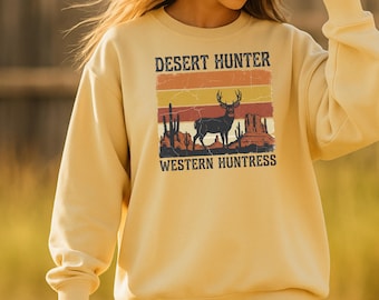 Vrouwen jagerssweater, western huntress hertenjacht sweatshirt, vintage woestijn zonsondergang jacht trui, retro outdoor vrouwen cadeau