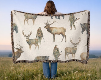 Huntress geweven deken, vrouwelijke jager werpdeken, rustieke wildlife bank worp, jachthut decor, cadeau voor vrouwelijke jager
