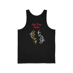May include: Black vest top with a gold and white koi carp design. The text "Red Nose Studio" is written in red script above the fish. The top is made of a soft, comfortable material.
