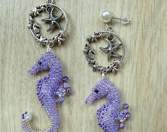 Beaded lilac seahorse earrings