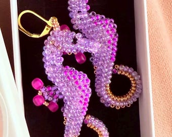 Purple & Gold Beaded Seahorse Earrings