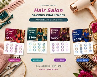 May include: Four printable Hair Salon Savings Challenges pages with text including Fresh Style $100, Salon Glow $200, Crown Care $300, and Hair Goals $500. Each page features circular icons to color in, measuring 8.5 x 11 inches as a digital download.