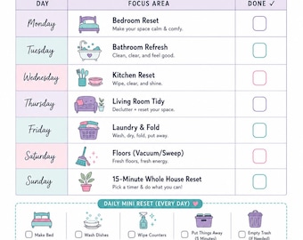 May include: A weekly cleaning checklist titled ADHD Weekly Cleaning Reset with a butterfly graphic. It features a table for Monday through Sunday with icons for daily tasks, a section for daily mini resets, and areas for notes and weekly progress.