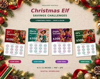May include: Four printable Christmas Elf savings challenge pages featuring illustrations of elves and circular savings trackers with dollar amounts. The text includes titles like Elf Surprise, Merry Mystery, Jingle Secrets, and Elf's Secret Stash, with 8.5 x 11 inches and digital download text.