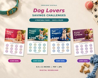 May include: Four printable Dog Lovers Savings Challenges pages with titles Puppy Love, Happy Paws, Tail Waggers, and Furry Fortune. Each page features a dog photo, a savings goal of $100 to $500, and circles to color. Text includes 8.5 x 11 INCHES.