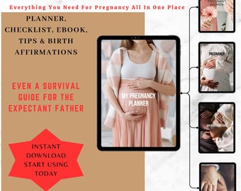May include: A pregnancy bundle advertisement featuring a planner, checklist, ebook, tips, and birth affirmations. The image includes a woman holding her pregnant belly, and several smaller images with text like "50 Essential Tips for First-Time Pregnant Women" and "Survival Guide for the Expectant Father."