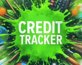 Puede incluir: Ilustración artística con las palabras "CREDIT TRACKER" en blanco sobre un fondo verde brillante. Una calculadora, lápices y otras herramientas financieras están dispersas, sugiriendo un tema de finanzas y seguimiento.