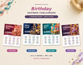 May include: Four printable birthday savings challenge pages measuring 8.5 x 11 inches. Each sheet features a festive theme, a specific dollar goal of $100, $200, $300, or $500, and circular icons to color in as savings progress.