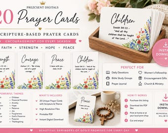 May include: A set of 20 digital prayer cards featuring scripture verses and floral illustrations. The cards display themes like Strength, Courage, Peace, and Children, with text including Bible references. The design includes a wooden box, a wooden cross, and a coffee mug.