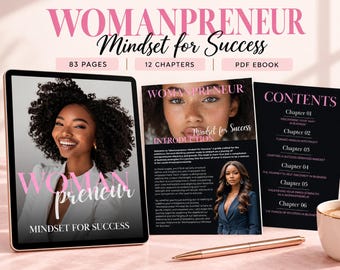 May include: A digital PDF ebook titled Womanpreneur Mindset for Success, featuring 83 pages and 12 chapters. The cover displays a smiling person, while interior pages show an introduction and a contents list with six chapter titles.