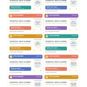 Peut inclure: Une feuille de dix cartes à gratter rectangulaires pour les tâches ménagères, déclinées en plusieurs couleurs comme le bleu sarcelle, le bleu, l'orange, le violet et l'or. Chaque carte porte les mentions Little Helpers et Scratch, Help & Earn.