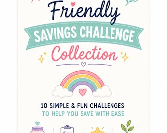 Puede incluir: Una tarjeta impresa titulada ADHD-Friendly Savings Challenge Collection con texto colorido, un arcoíris e iconos que incluyen un frasco, un portapapeles, una estrella y una planta. El texto dice 10 SIMPLE & FUN CHALLENGES TO HELP YOU SAVE WITH EASE y Small steps today, brighter future tomorrow.