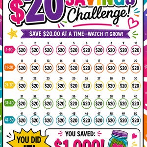 May include: A colorful savings challenge chart with the text "$20 Savings Challenge!" and "Save $20.00 at a time - Watch it grow!" The chart has 50 circles, each with "$20" inside. The bottom reads "You saved: $1,000! Way to go!"