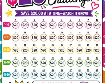 May include: A colorful savings challenge chart with the text "$20 Savings Challenge!" and "Save $20.00 at a time - Watch it grow!" The chart has 50 circles, each with "$20" inside. The bottom reads "You saved: $1,000! Way to go!"