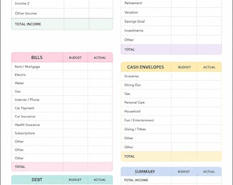 Puede incluir: Una hoja de Paycheck Budget Planner con un icono de hucha rosa y una moneda de oro. El diseño incluye secciones para ingresos, ahorros, facturas, sobres de efectivo, deudas y un resumen con columnas para cantidades presupuestadas y reales.
