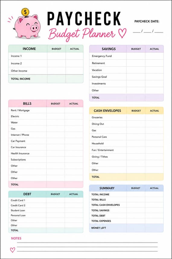 ADHD Friendly Paycheck Budget Planner Printable | Simple Budget Worksheet | Income Bills Savings Debt Tracker | Instant Download