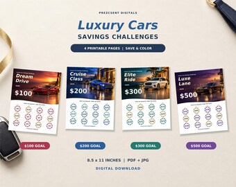 May include: Four printable savings challenge sheets titled Luxury Cars Savings Challenges. Each sheet features a car image, a savings goal of $100, $200, $300, or $500, and circles to color. Text includes Dream Drive, Cruise Class, Elite Ride, and Luxe Lane.