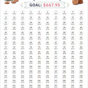 May include: A Penny Savings Challenge tracker sheet featuring the title Penny Savings Challenge, a goal of $667.95, and a grid of 180 numbered circles with corresponding dollar amounts. Includes illustrations of a penny jar and coin stacks.