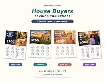 May include: Four printable savings challenge pages titled House Buyers Savings Challenges by Prezcsent Digitals. Each page features a unique theme, dollar goal, and circular icons to color in, measuring 8.5 x 11 inches in PDF and JPG formats.