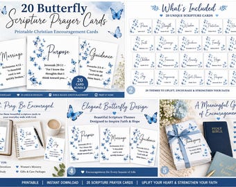 May include: A set of 20 printable scripture prayer cards featuring blue butterfly illustrations and inspirational Bible verses. The cards include themes like Marriage, Purpose, and Guidance, presented in a white and blue color scheme.