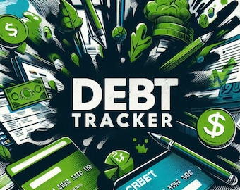 Puede incluir: Ilustración gráfica con el texto "DEBT TRACKER". La imagen presenta tarjetas de crédito verdes y azules, símbolos de dólar, bolígrafos y documentos, sobre un fondo oscuro con salpicaduras de color.
