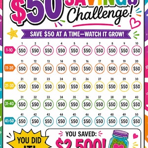 May include: A colorful savings challenge chart with the text "$50 Savings Challenge!" and "Save $50 at a time - Watch it grow!" The chart has 50 circles to track savings, and a final section that says "You saved $2,500!"