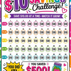 May include: Colorful savings challenge chart with the text "$10 Savings Challenge!" and "Save $10.00 at a time - Watch it grow!" Features 50 circles to track savings, with a final total of $500. Includes a "You Did It!" graphic.