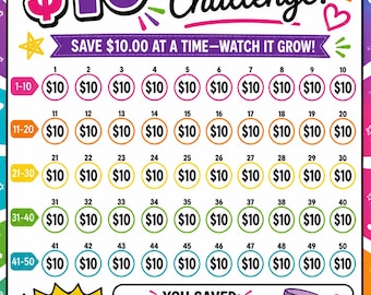 May include: Colorful savings challenge chart with the text "$10 Savings Challenge!" and "Save $10.00 at a time - Watch it grow!" Features 50 circles to track savings, with a final total of $500. Includes a "You Did It!" graphic.