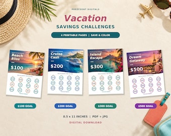 May include: Four printable vacation savings challenge sheets with themes Beach Bliss, Cruise Cash, Island Escape, and Dream Getaway. Each sheet features a scenic travel photo, a savings goal of $100 to $500, and circles to color in for tracking.
