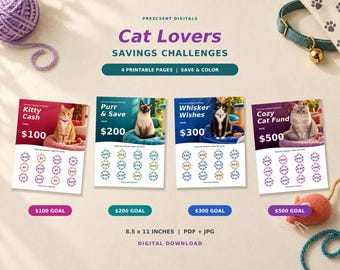 May include: Four printable savings challenge pages titled Cat Lovers Savings Challenges, featuring cat photos and dollar amounts. Each page includes circles to color for tracking savings goals of $100, $200, $300, and $500. Text includes 8.5 x 11 inches, PDF + JPG, and Digital Download.