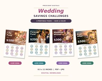 May include: Four printable wedding savings challenge pages measuring 8.5 x 11 inches. Each page features a unique wedding-themed photograph, a savings goal of $100, $200, $300, or $500, and circles to color in as money is saved.