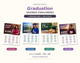 May include: Four printable graduation savings challenge sheets measuring 8.5 x 11 inches. Each sheet features a graduation theme, a savings goal of $100, $200, $300, or $500, and circles to color in as money is saved. Text includes Tassel Fund, Diploma Dreams, Cap & Cash, and Next Chapters.