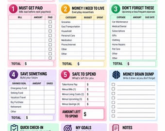 Puede incluir: Una hoja de planificación presupuestaria ADHD Paycheck Reset colorida con secciones para fechas de pago, ingresos netos, facturas, gastos diarios, ahorros, cálculos de dinero disponible, notas y objetivos personales.